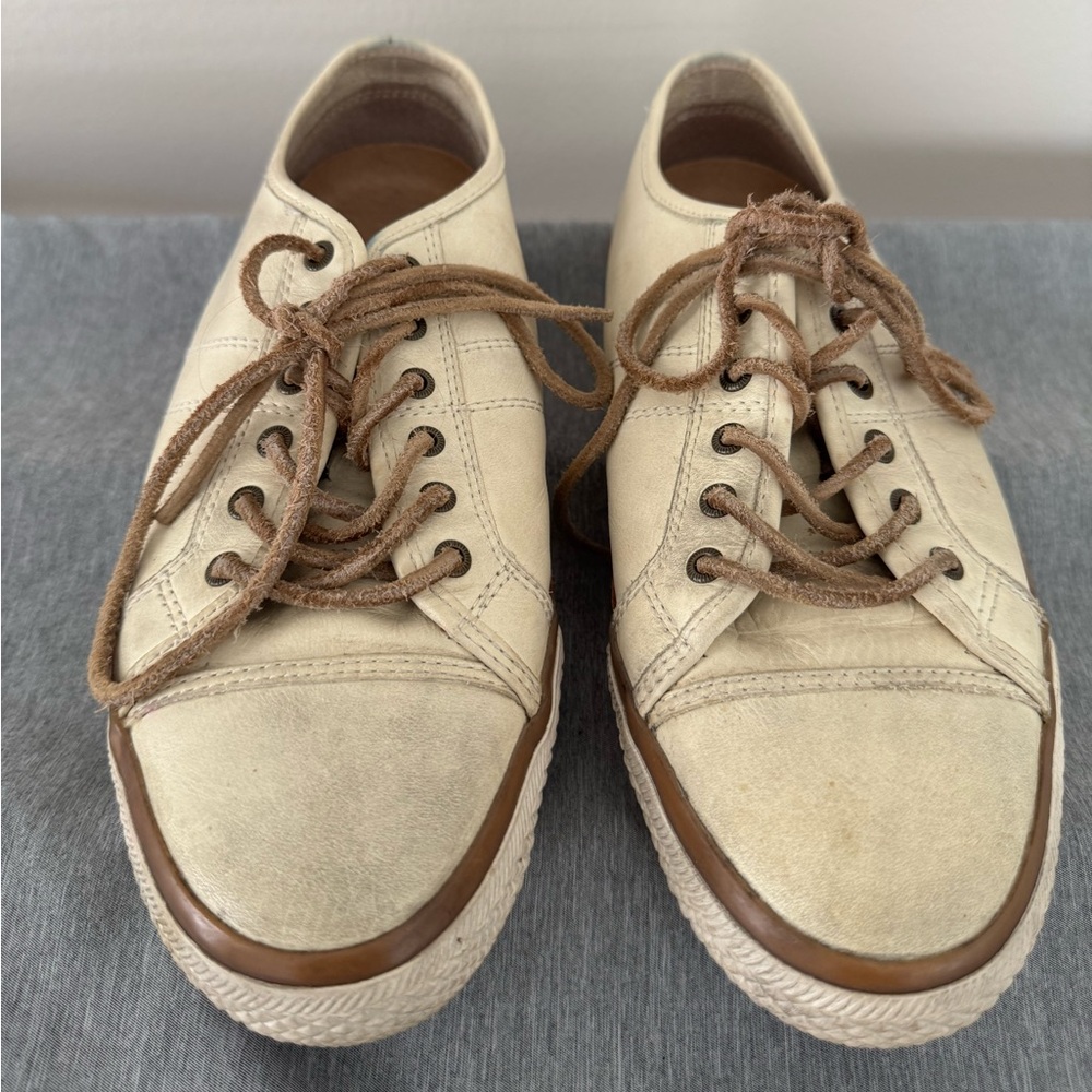 Frye Cream and Brown Sneakers with Moccasin Stitching